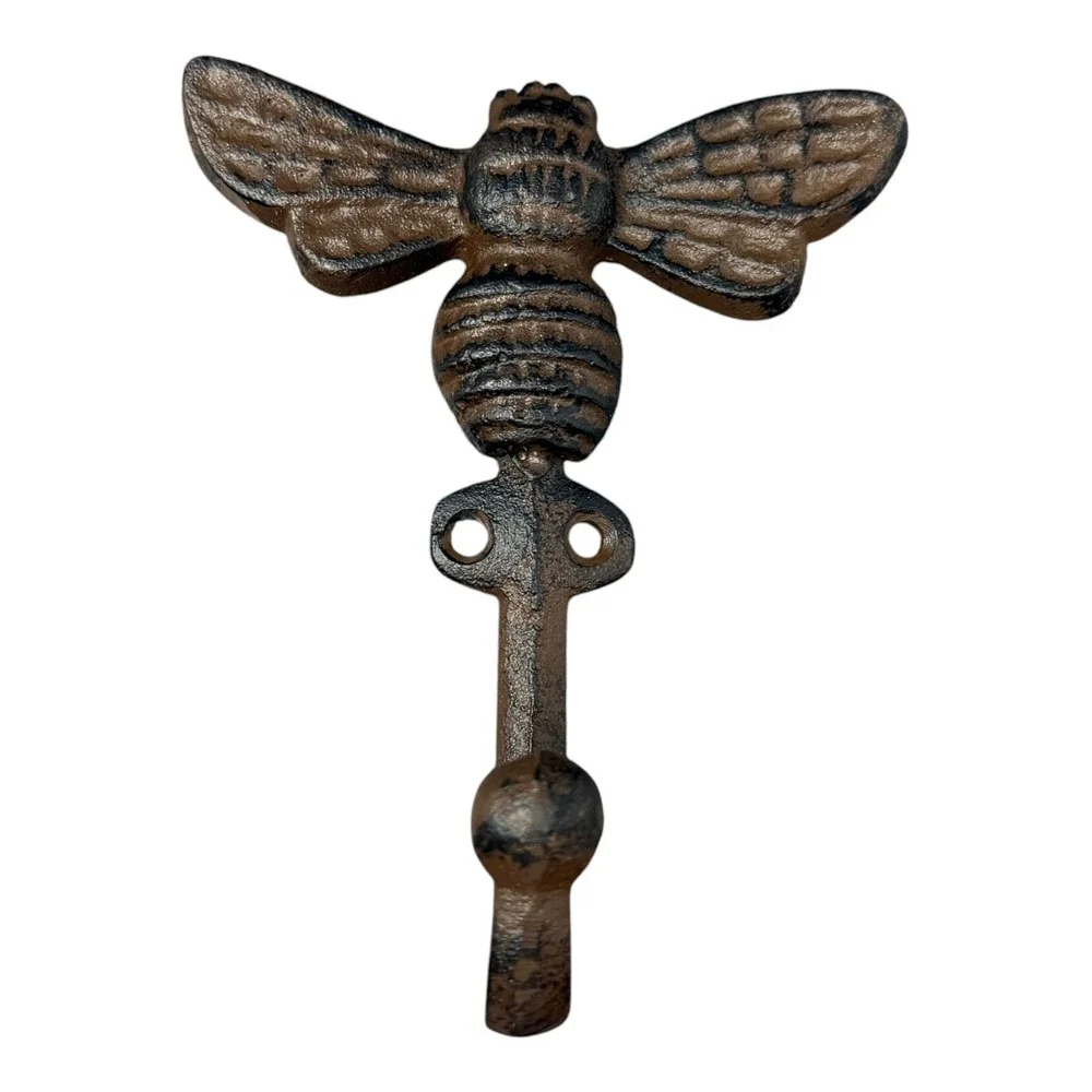 Cast Iron Bee Wall Hook Rustic Farmhouse Cottage Garden Decor Honeybee Bumblebee